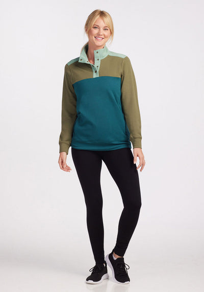 Womens merino wool 3 button pullover sweater - Olive Teal Combo