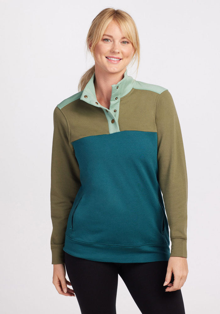 Womens merino wool 3 button pullover sweater - Olive Teal Combo | Karly is 5'10", wearing a size S