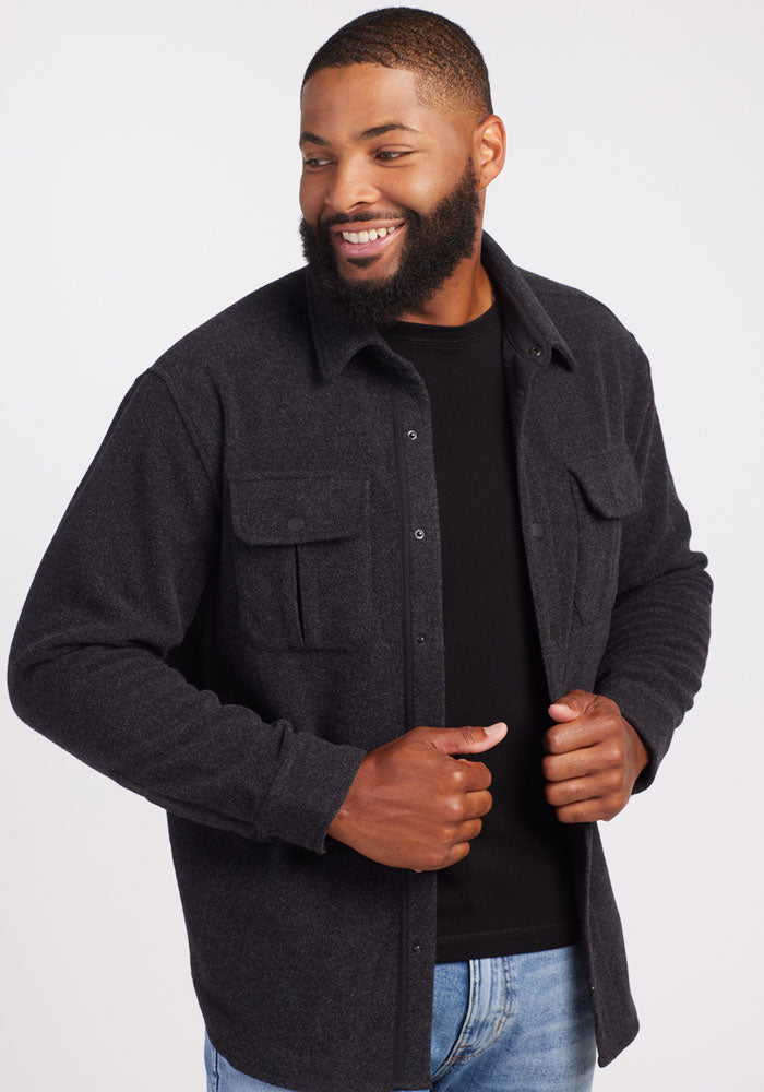 Mens Merino Wool Jacket - Carbon Black | Terrence is 6'3", wearing a size L