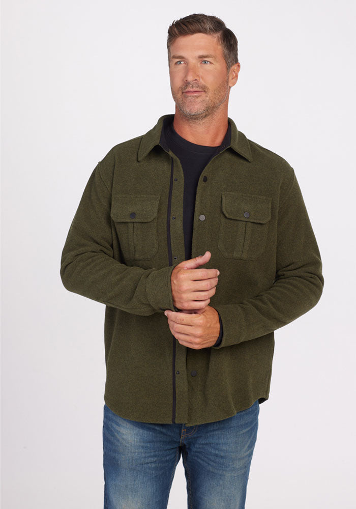 Mens Merino Wool Shirt Jac - Forest | Lee is 6', wearing a size M