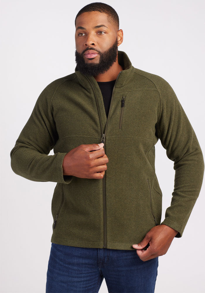 Mens merino wool jacket - Forest | Terrence is 6'3", wearing a size L