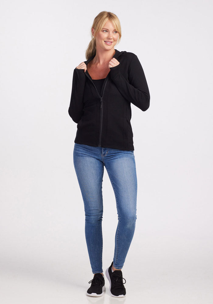 Womens merino wool hooded zip up sweatshirt - Black